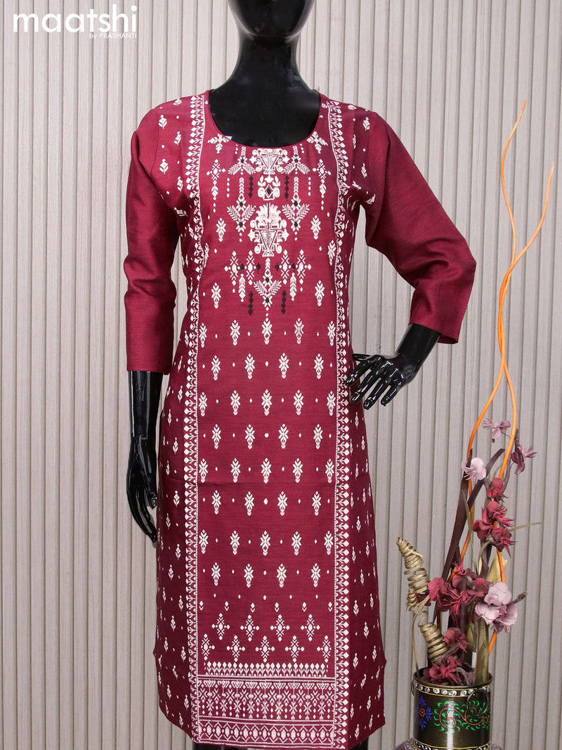 Rayon readymade kurti maroon with allover prints & embroidery work neck pattern without pant