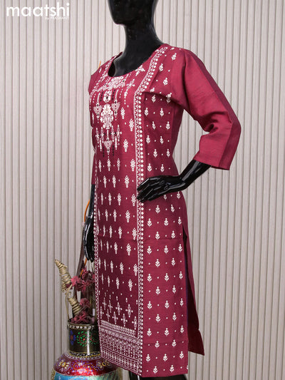 Rayon readymade kurti maroon with allover prints & embroidery work neck pattern without pant