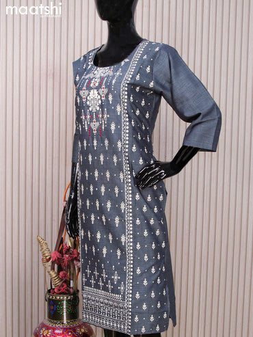 Rayon readymade kurti dark grey with allover prints & embroidery work neck pattern without pant