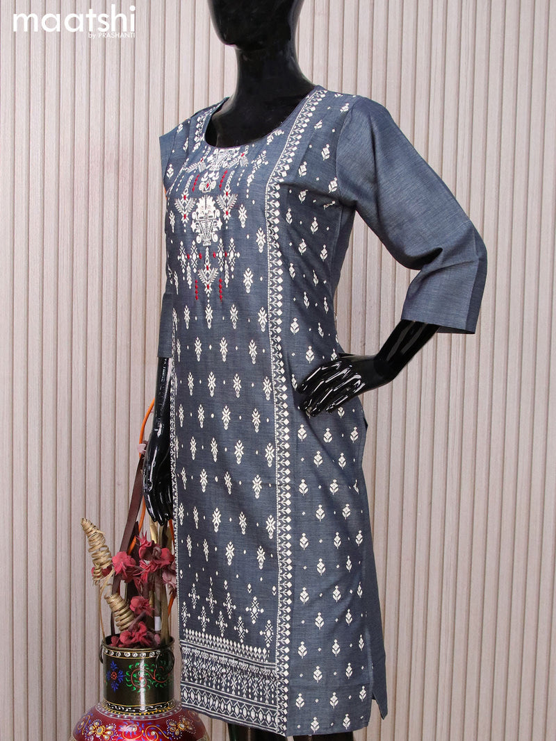 Rayon readymade kurti dark grey with allover prints & embroidery work neck pattern without pant