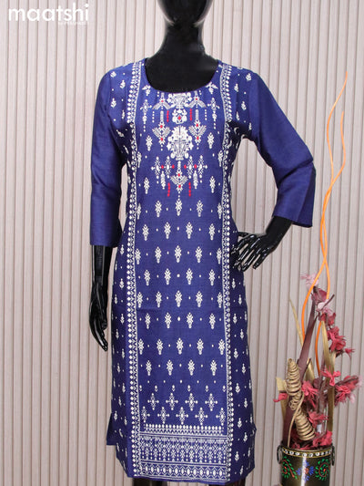 Rayon readymade kurti blue with allover prints & embroidery work neck pattern without pant