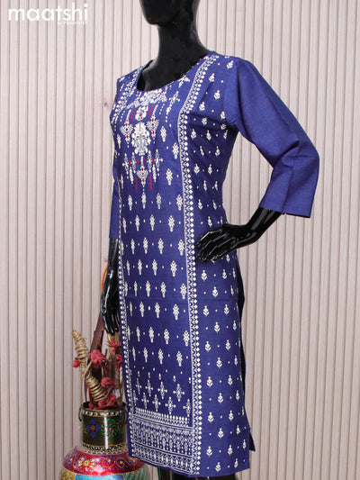 Rayon readymade kurti blue with allover prints & embroidery work neck pattern without pant