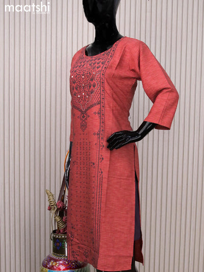 Rayon readymade kurti maroon shade with allover prints & mirror work neck pattern without pant