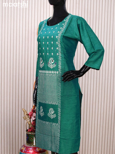 Rayon readymade kurti peacock green with allover prints & embroidery work neck pattern without pant