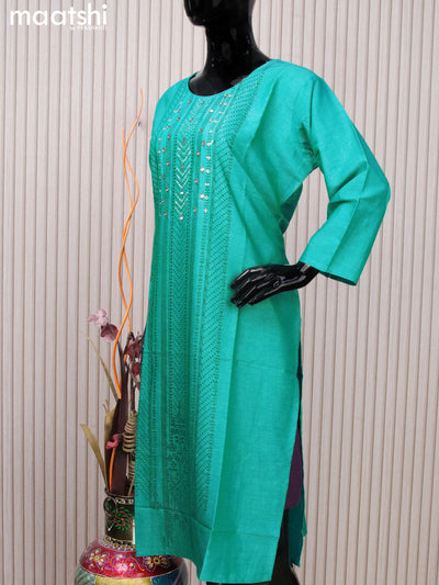 Rayon readymade kurti teal blue with allover prints & mirror work neck pattern without pant