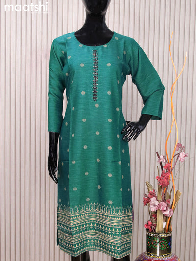 Rayon readymade kurti peacock green with allover prints & mirror work neck pattern without pant