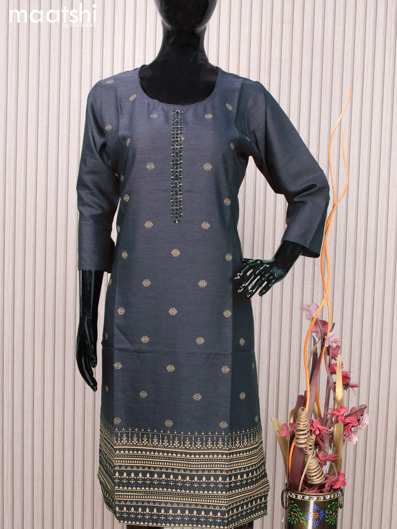 Rayon readymade kurti elephant grey with allover prints & mirror work neck pattern without pant