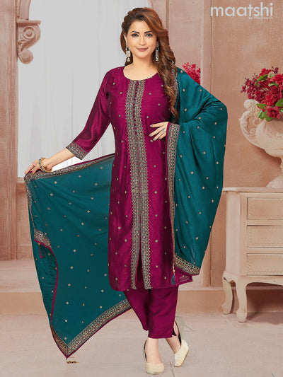 Chanderi readymade salwar suits magenta pink and peacock blue with embroidery work buttas & sequin work neck pattern and straight cut pant & sequin work dupatta