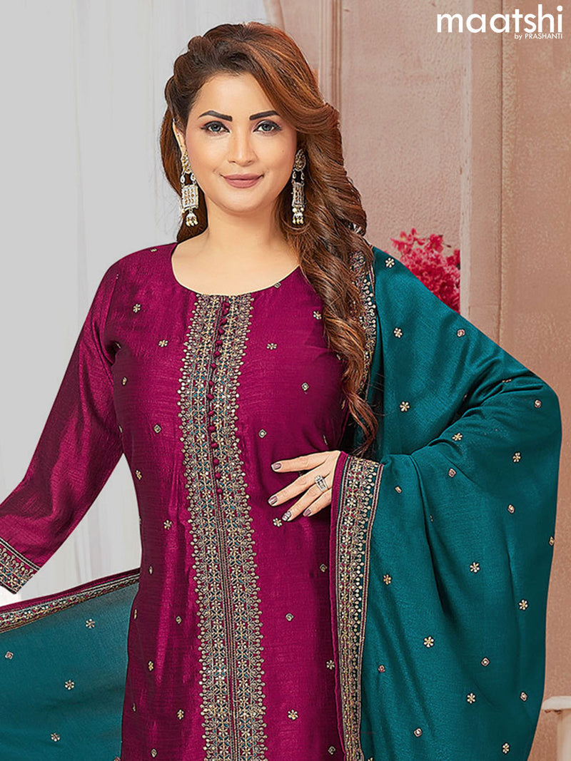 Chanderi readymade salwar suits magenta pink and peacock blue with embroidery work buttas & sequin work neck pattern and straight cut pant & sequin work dupatta