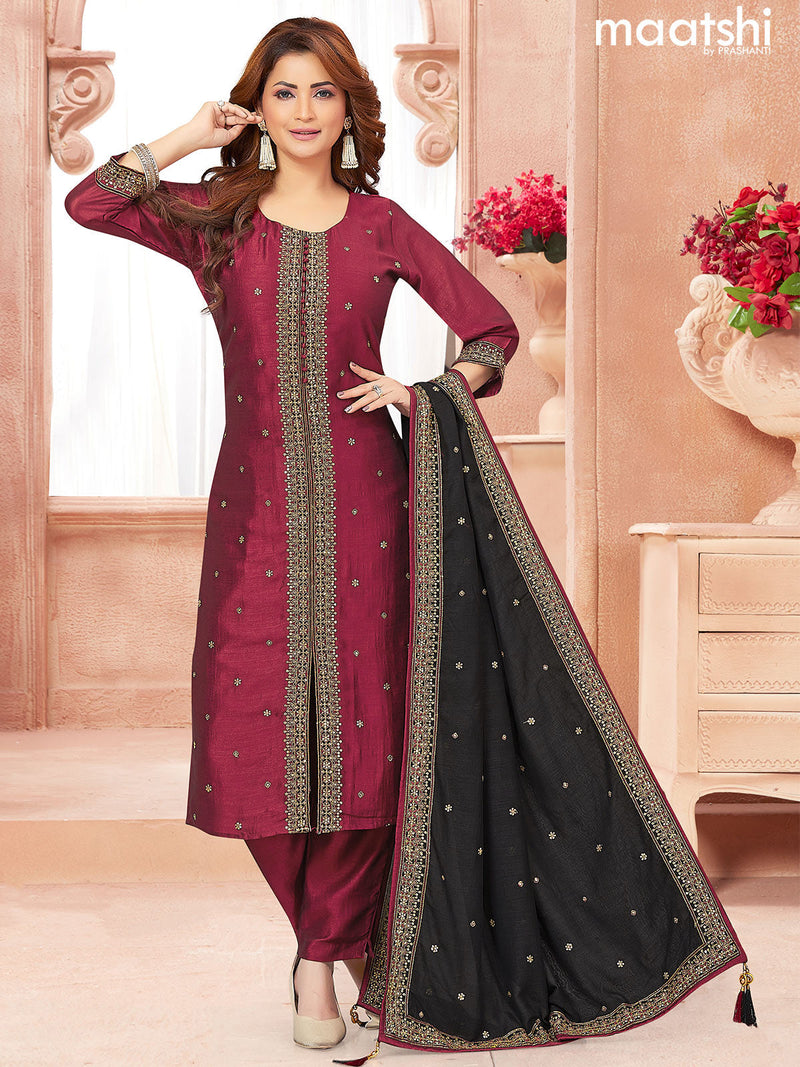 Chanderi readymade salwar suits maroon and black with embroidery work buttas & sequin work neck pattern and straight cut pant & sequin work dupatta