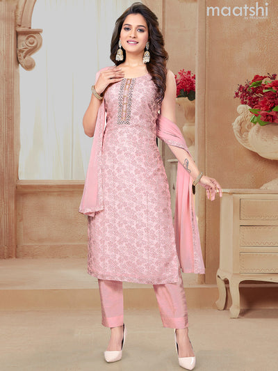 Chanderi readymade salwar suits pastel pink with allover floral prints & embroidery work neck pattern and straight cut pant & chiffon dupatta sleeve attached