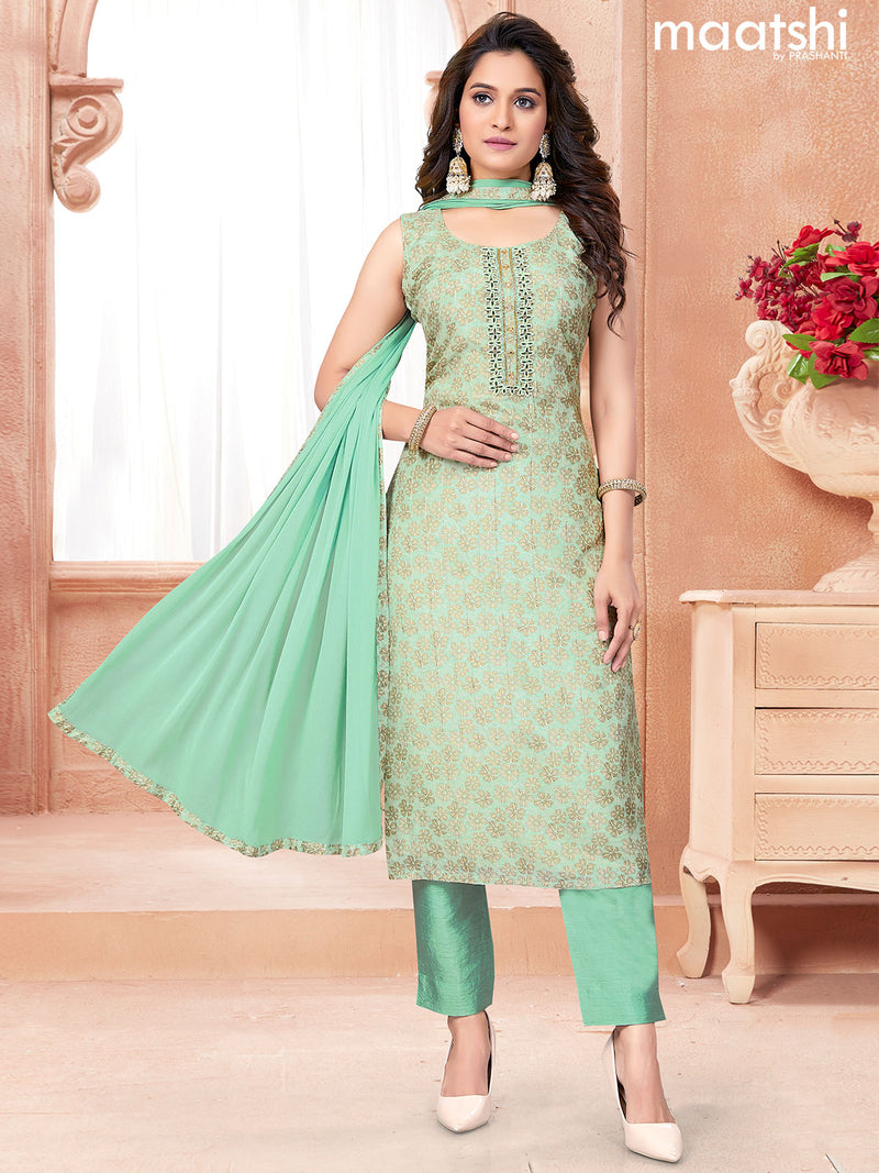 Chanderi readymade salwar suits pastel green shade with allover floral prints & embroidery work neck pattern and straight cut pant & chiffon dupatta sleeve attached