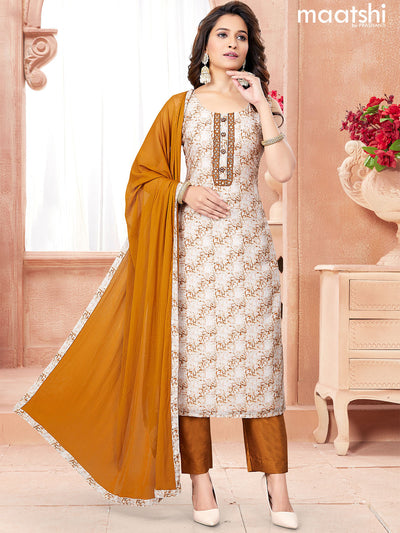 Chanderi readymade salwar suits pastel peach and brown with allover prints & embroidery work neck pattern and straight cut pant & chiffon dupatta sleeve attached