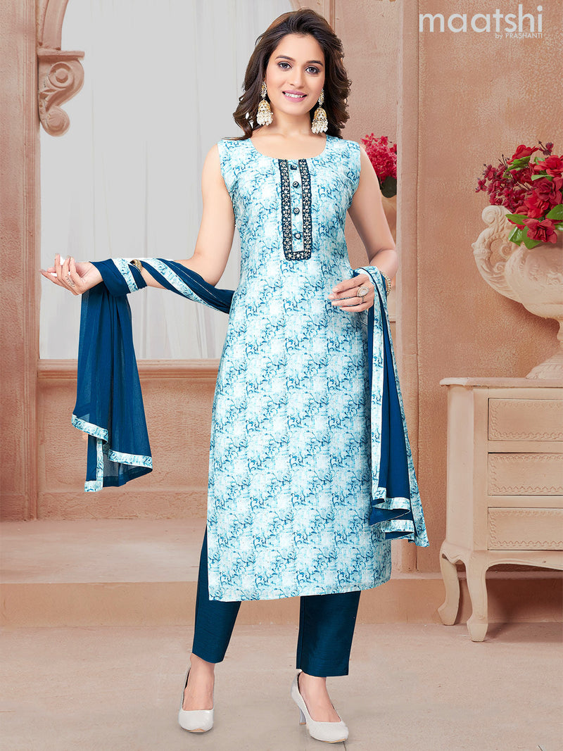 Chanderi readymade salwar suits pastel blue shade and peacock blue with allover prints & embroidery work neck pattern and straight cut pant & chiffon dupatta sleeve attached