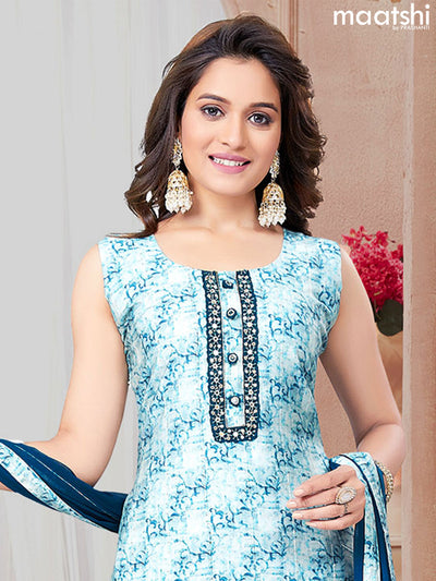Chanderi readymade salwar suits pastel blue shade and peacock blue with allover prints & embroidery work neck pattern and straight cut pant & chiffon dupatta sleeve attached