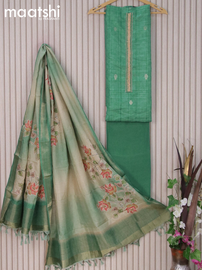 Semi tussar dress material green with kantha stitch work neck pattern and bottom & embroidery work dupatta