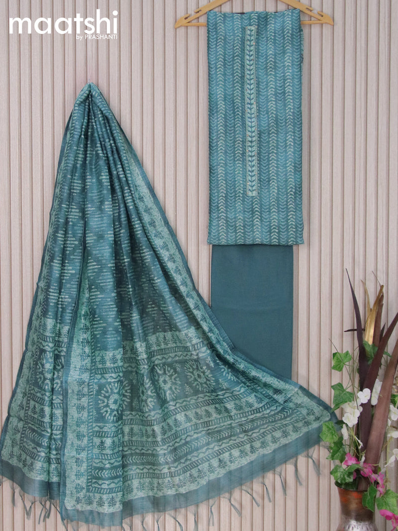 Chanderi dress material blue shade with allover prints & kanth stitch work neck pattern and bottom & printed dupatta