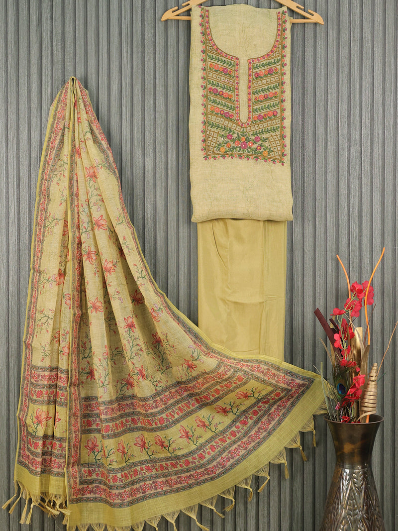 Tissue linen dress material mild pista green with kantha stitch work embroidery neck pattern and bottom & printed dupatta