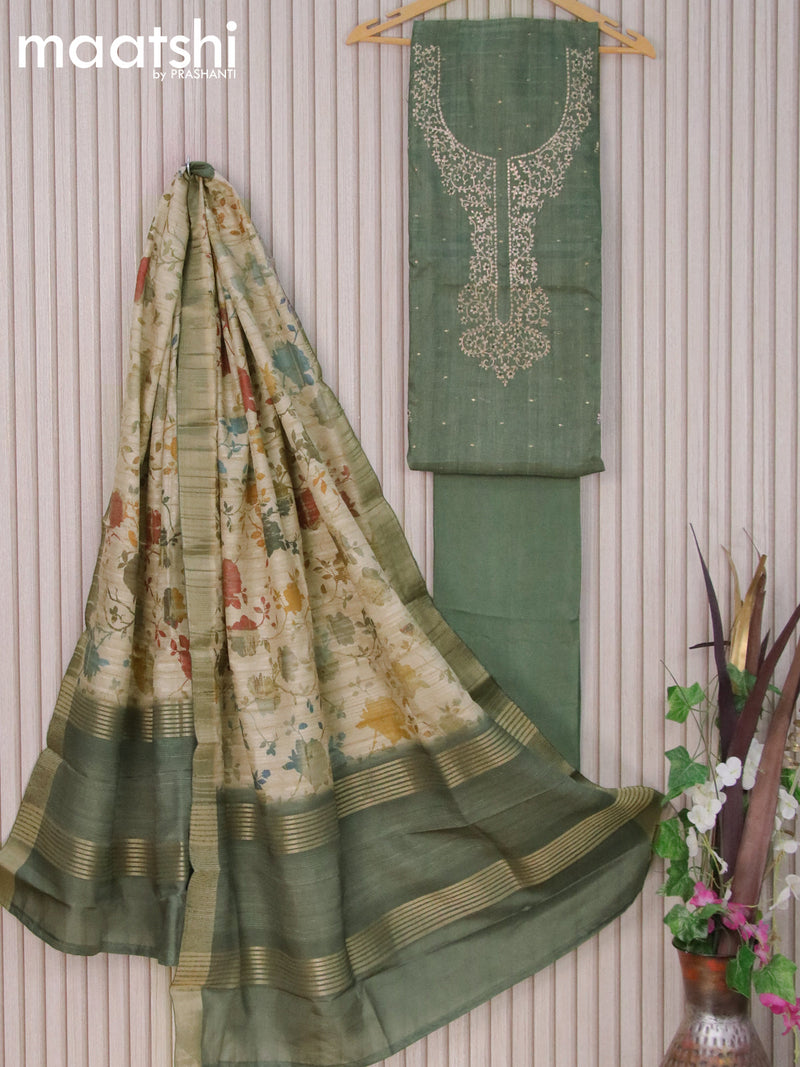 Semi tussar dress material pastel green shade with embroidery work neck pattern and bottom & printed dupatta