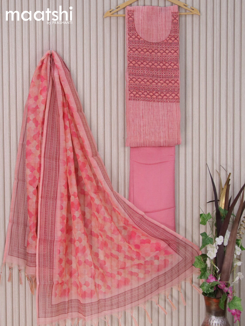 Tissue linen dress material pink with kantha stitch work embroidery neck pattern and bottom & printed dupatta
