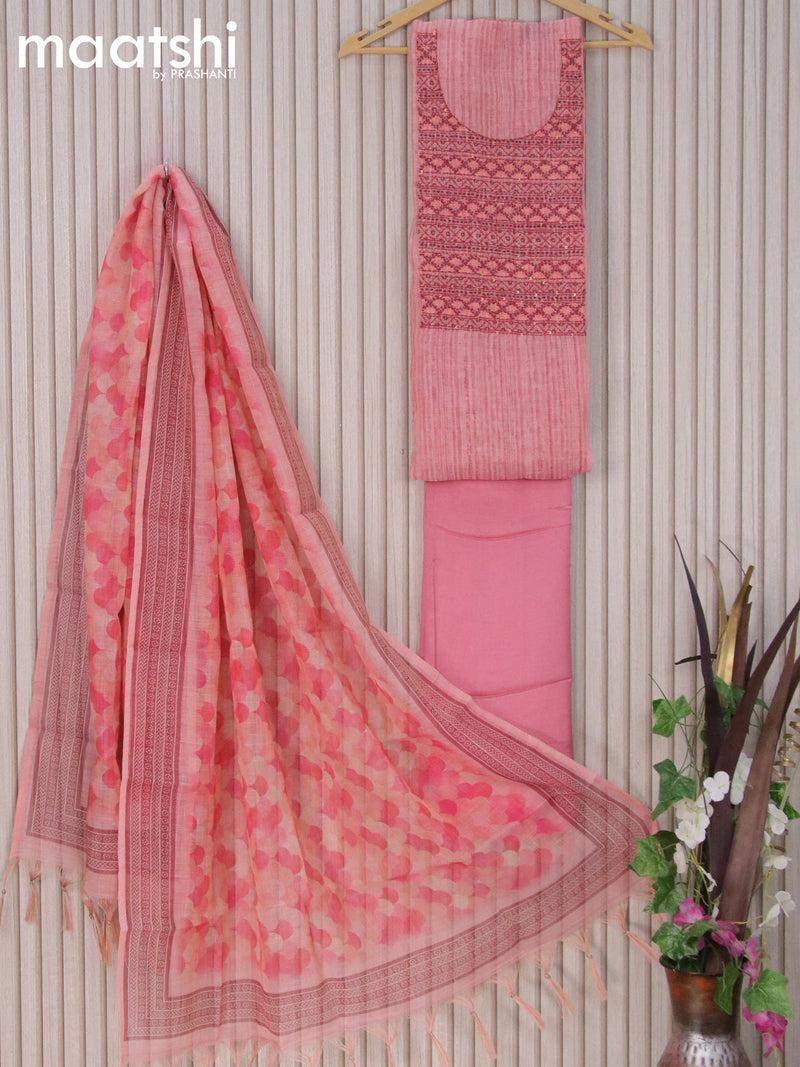 Tissue linen dress material pink with kantha stitch work embroidery neck pattern and bottom & printed dupatta