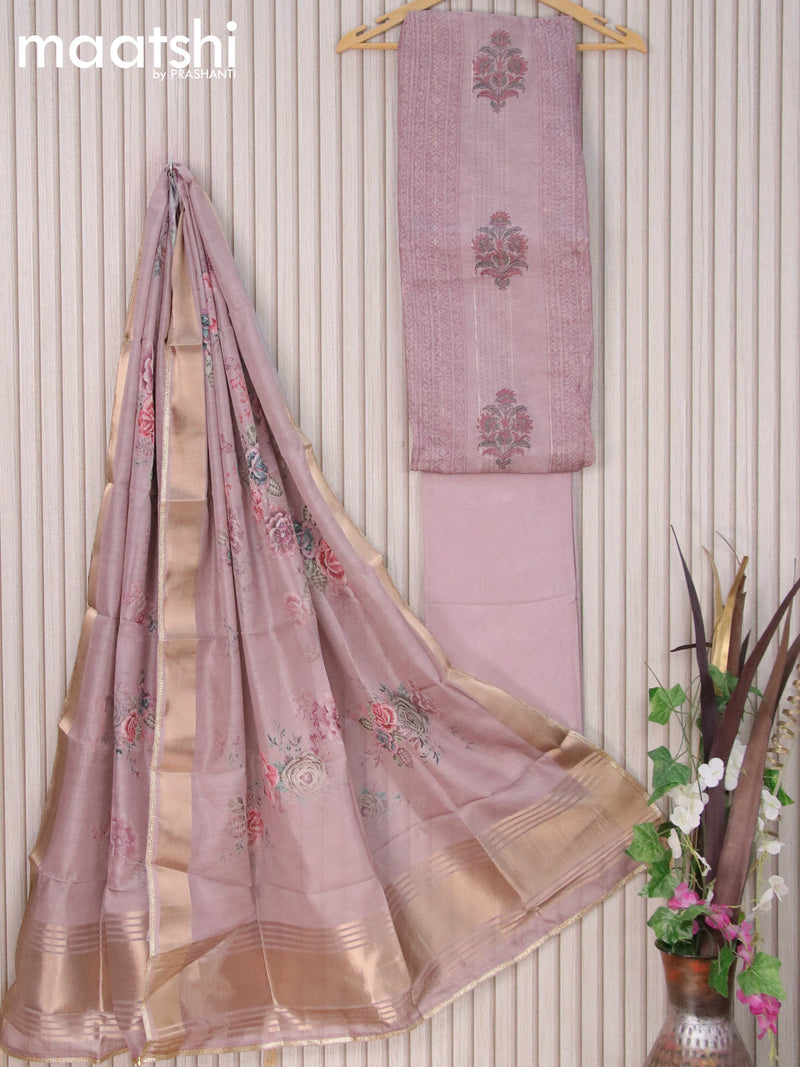 Semi tussar dress material pastel pink with allover stitch work & floral prints and bottom & printed dupatta