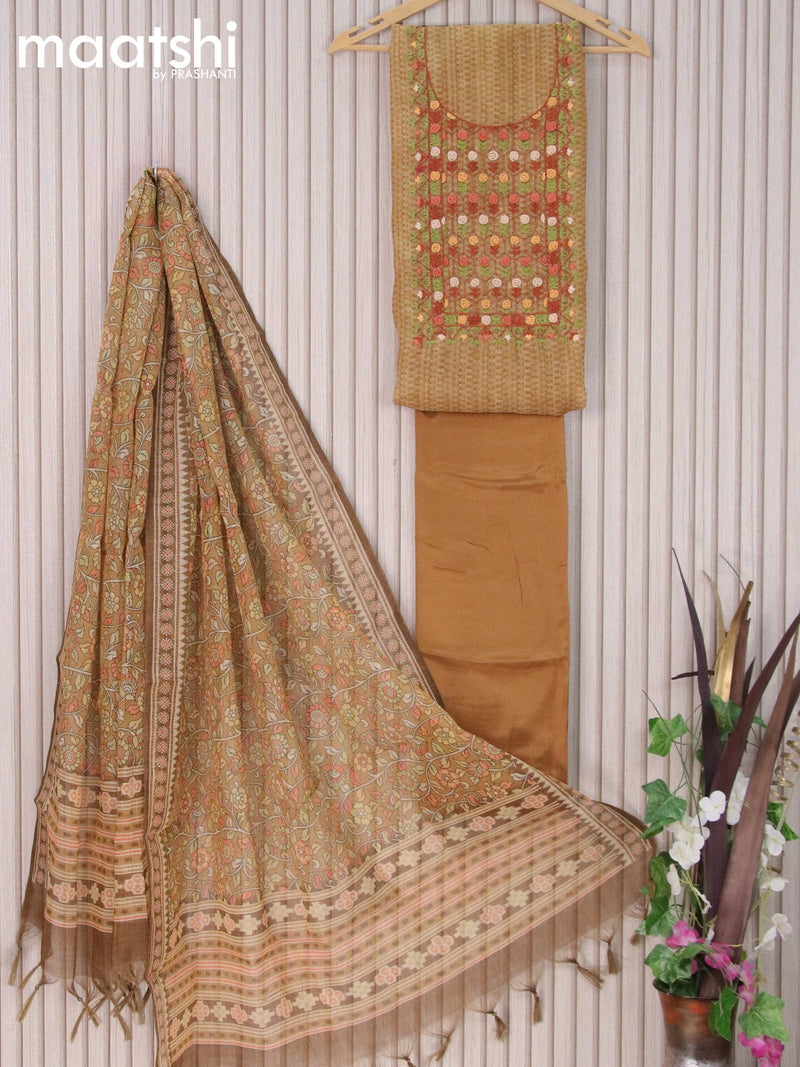 Tissue linen dress material sandal with kantha stitch work embroidery neck pattern and bottom & printed dupatta
