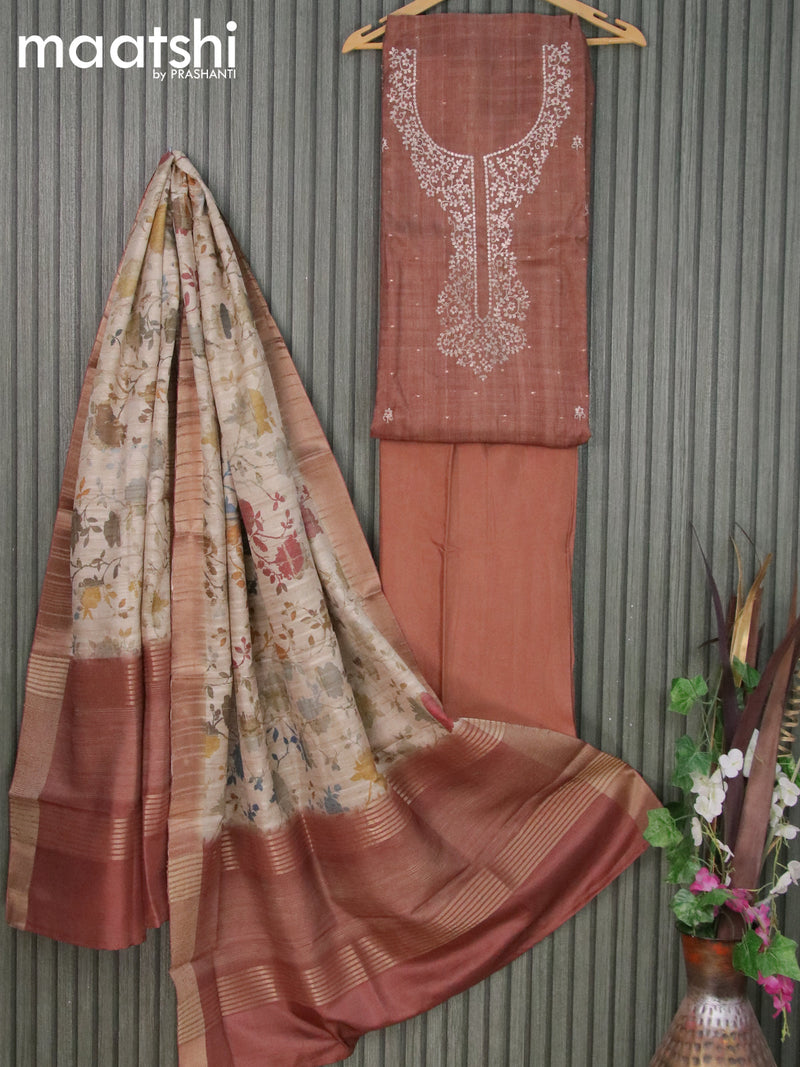 Semi tussar dress material brown with embroidery work neck pattern and bottom & printed dupatta