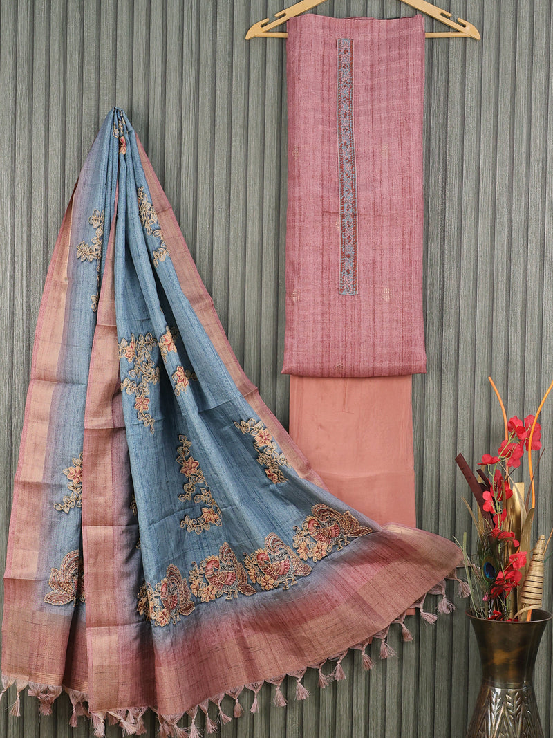 Semi tussar dress material pastel maroon shade with kantha stitch work neck pattern and bottom & kantha stitch work dupatta