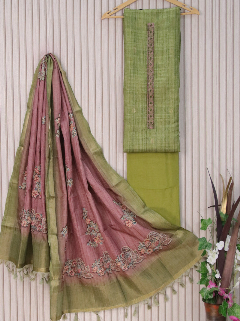 Semi tussar dress material light green with kantha stitch work neck pattern and bottom & kantha stitch work dupatta