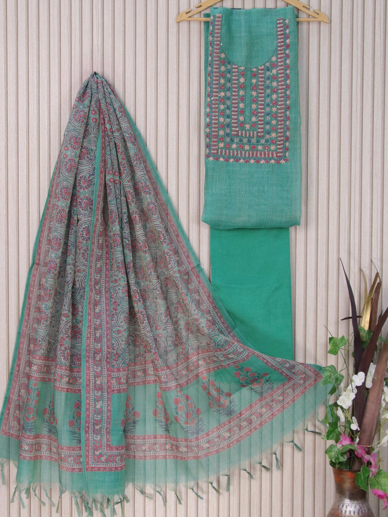 Tissue linen dress material teal blue shade with kantha stitch work embroidery neck pattern and bottom & printed dupatta
