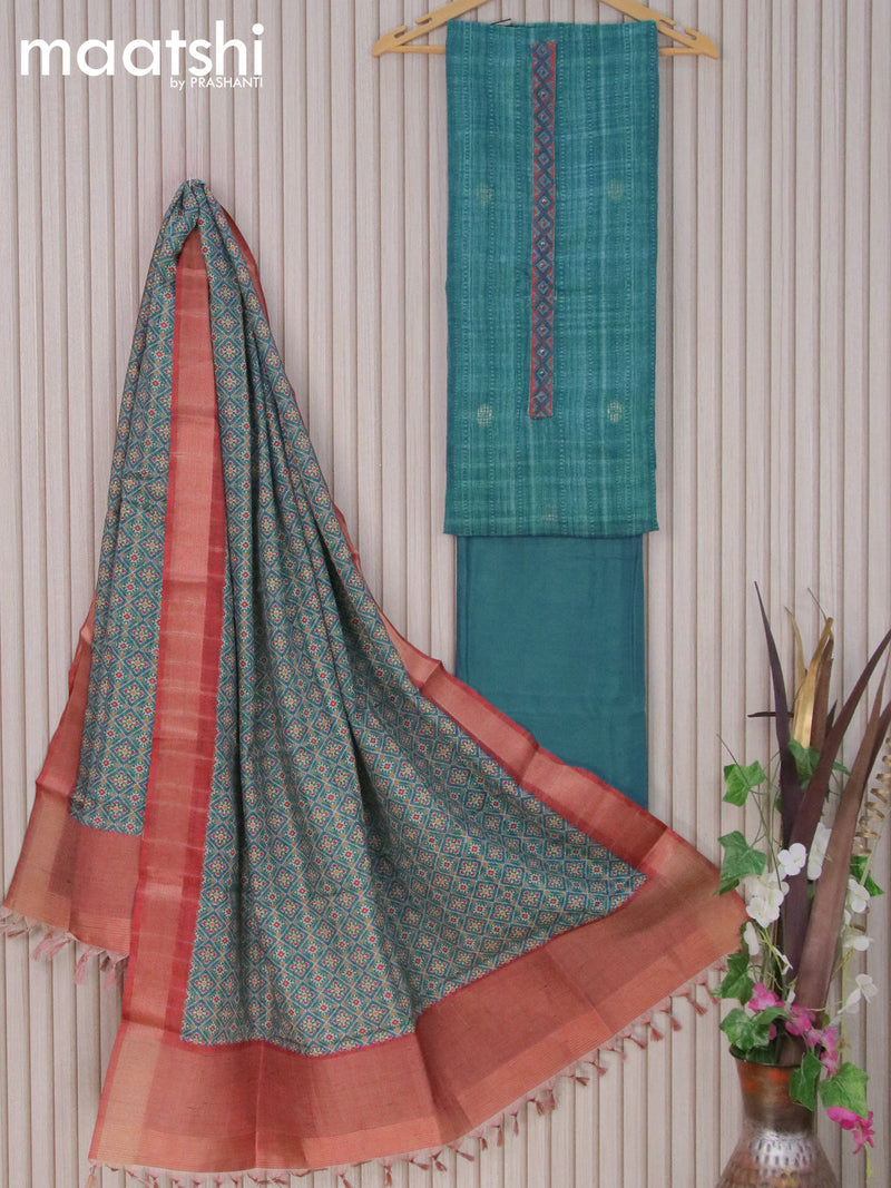 Semi tussar dress material blue shade with kantha stitch work neck pattern and bottom & printed dupatta
