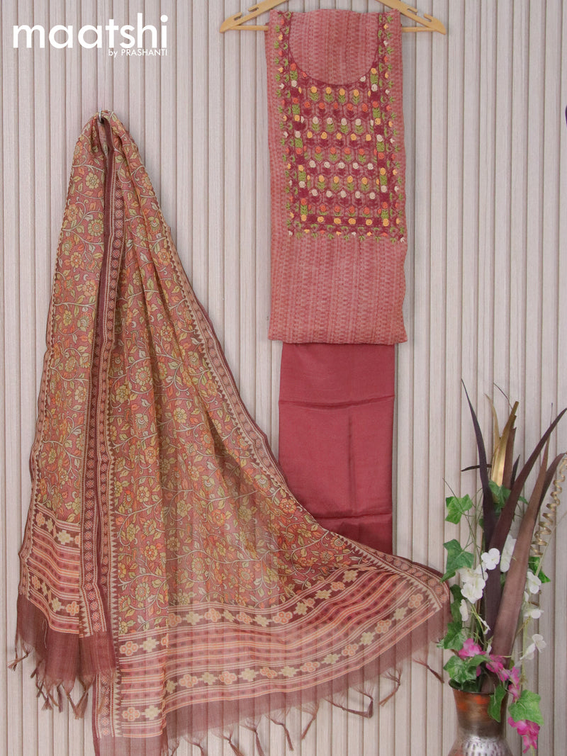 Tissue linen dress material pastel maroon shade with kantha stitch work embroidery neck pattern and bottom & printed dupatta
