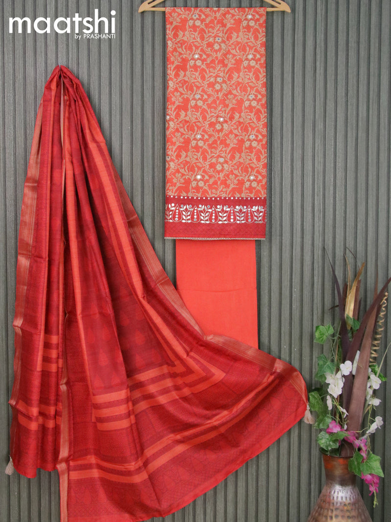 Semi tussar dress material orange and red with allover prints & mirror work and bottom & printed dupatta