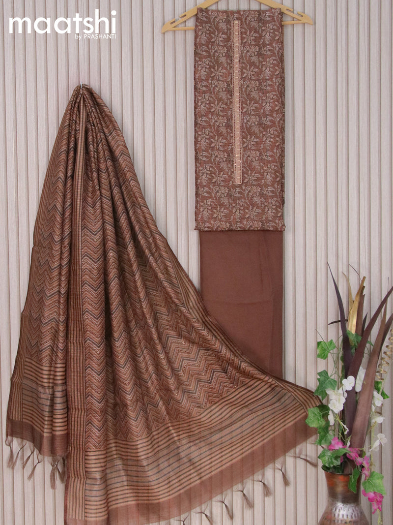 Chanderi dress material brown with allover prints & patch work neck pattern and bottom & kantha stitch work dupatta