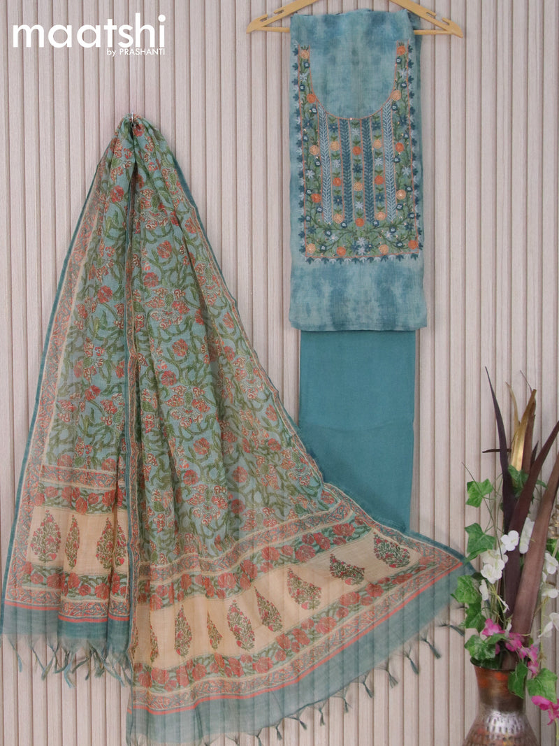 Tissue linen dress material blue shade with kantha stitch work embroidery neck pattern and bottom & printed dupatta