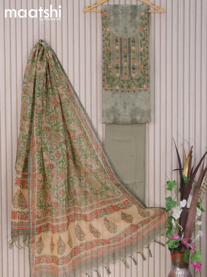 Tissue linen dress material grey shade with kantha stitch work embroidery neck pattern and bottom & printed dupatta