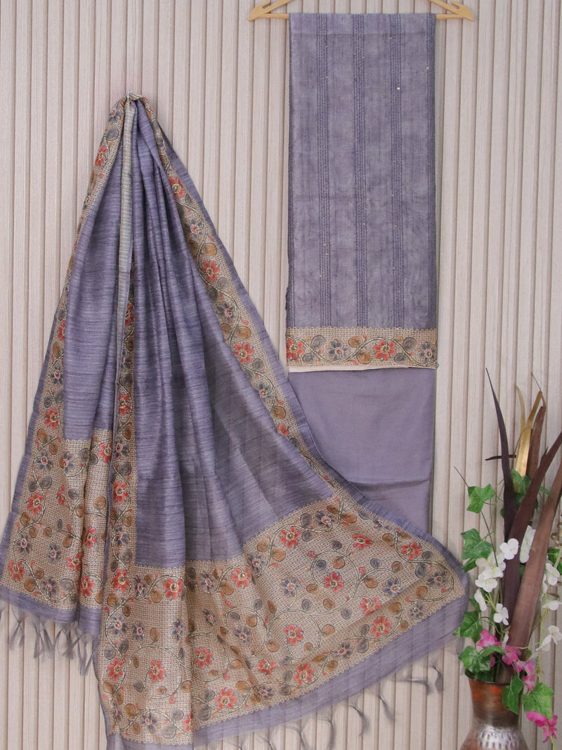 Semi tussar dress material grey shade with allover kantha stitch work and bottom & printed dupatta