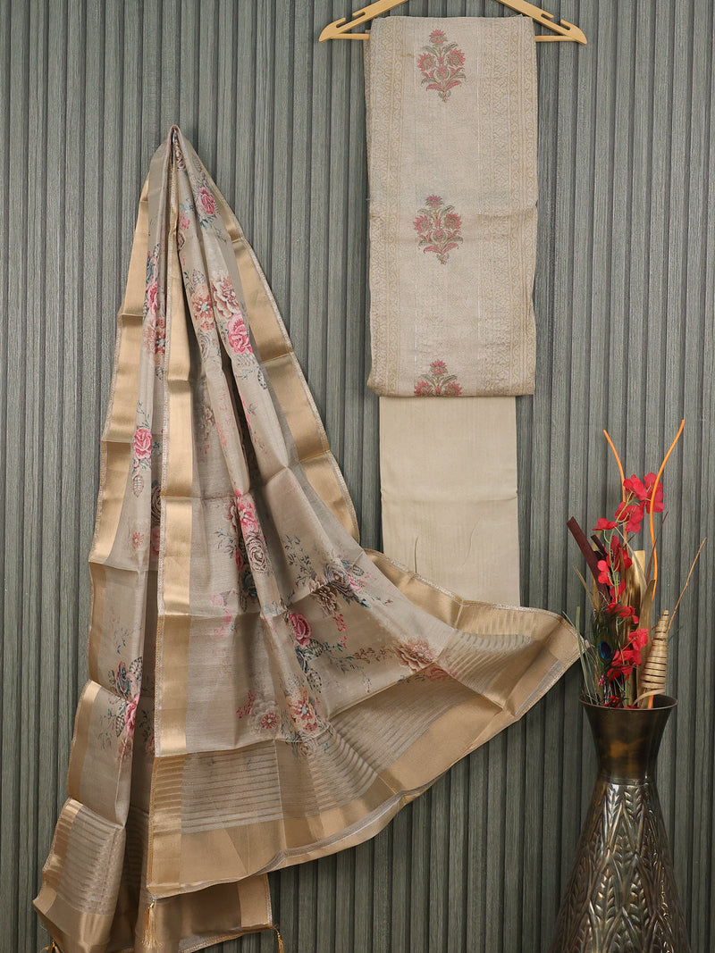 Semi tussar dress material beige with allover thread weaves & floral prints and bottom & printed dupatta