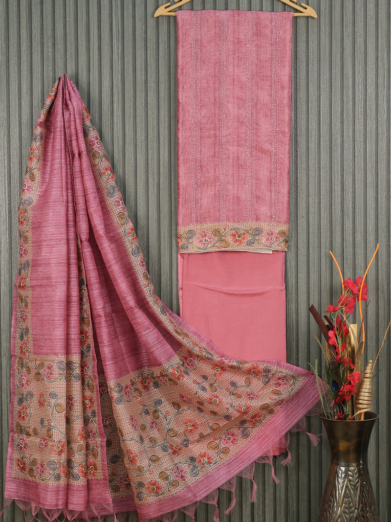 Semi tussar dress material pastel pink with allover kantha stitch work and bottom & printed dupatta