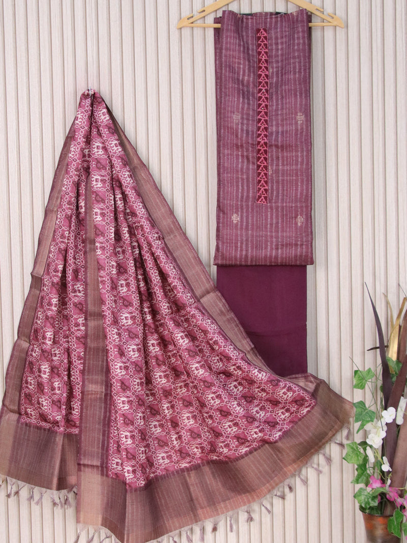 Semi tussar dress material wine shade with zari woven buttas & patch work neck pattern and bottom & printed dupatta