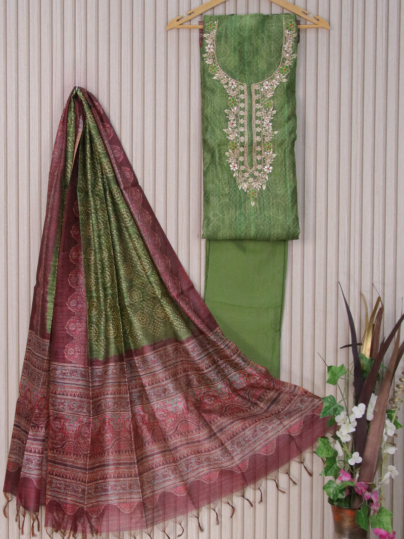 Chanderi dress material green with embroidery work neck pattern and bottom & printed dupatta