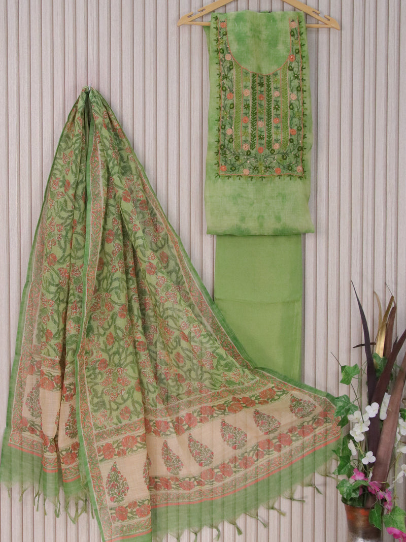 Tissue linen dress material green with embroidery work neck pattern and bottom & printed dupatta