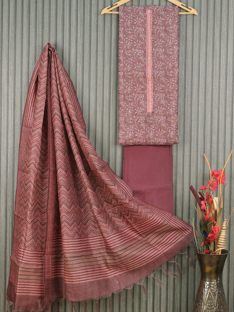 Chanderi dress material brown with allover prints & patch work neck pattern and bottom & kantha stitch work dupatta