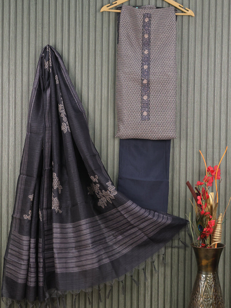 Chanderi dress material elephant grey with allover prints & patch work neck pattern and bottom & kantha stitch work dupatta