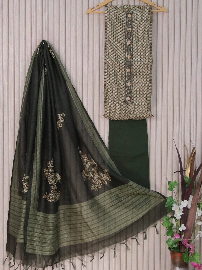 Chanderi dress material dark bottle green and beige with allover prints & patch work neck pattern and bottom & printed dupatta