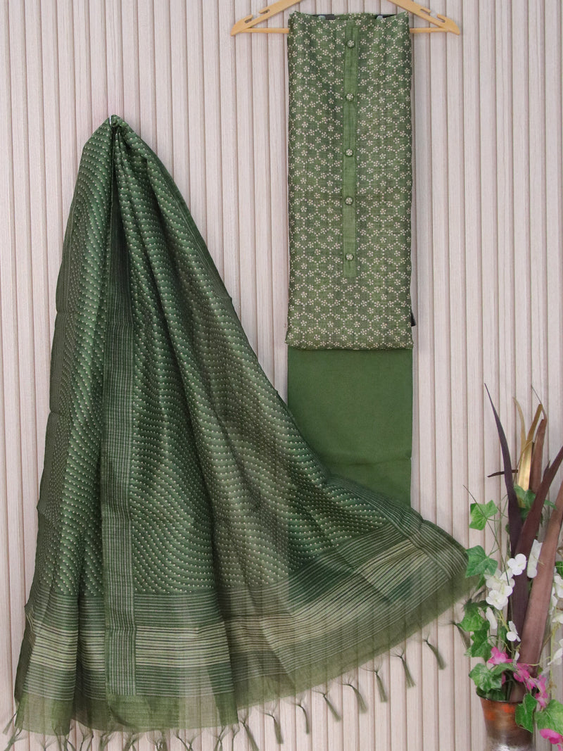 Chanderi dress material green with allover prints and bottom & printed dupatta