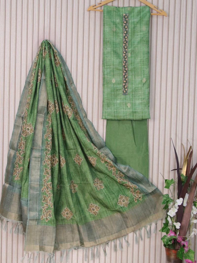 Semi tussar dress material green with zari buttas & patch work neck pattern and bottom & embroidery work dupatta