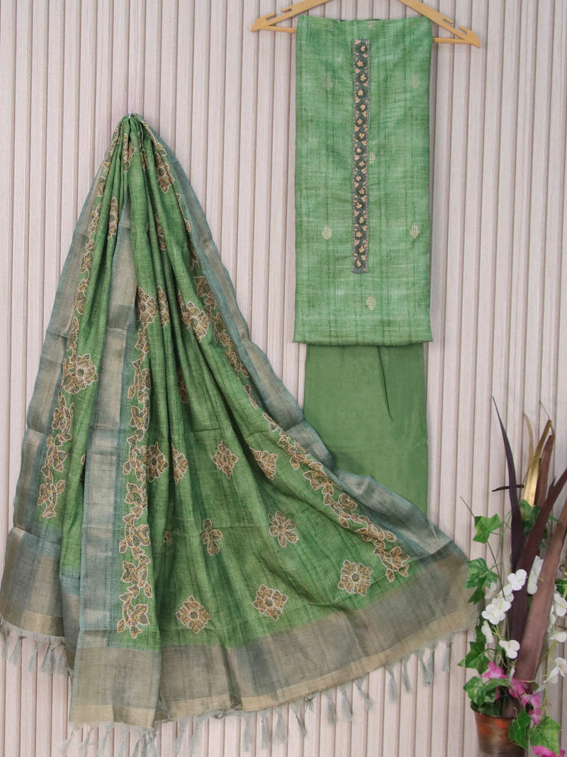 Semi tussar dress material green with zari buttas & patch work neck pattern and bottom & embroidery work dupatta