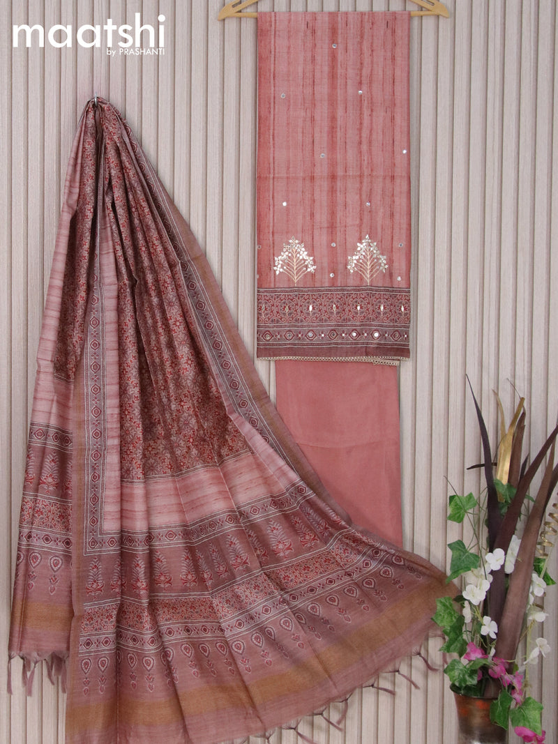Semi tussar dress material pastel maroon shade with allover mirror work and bottom & printed dupatta